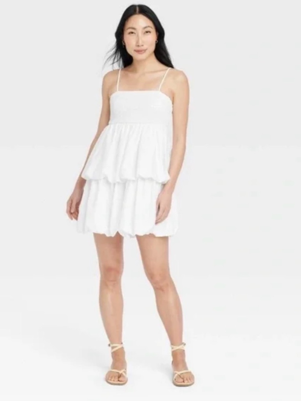 A New Day White Bubble Hem Mini Dress Smocked Cami Size Small